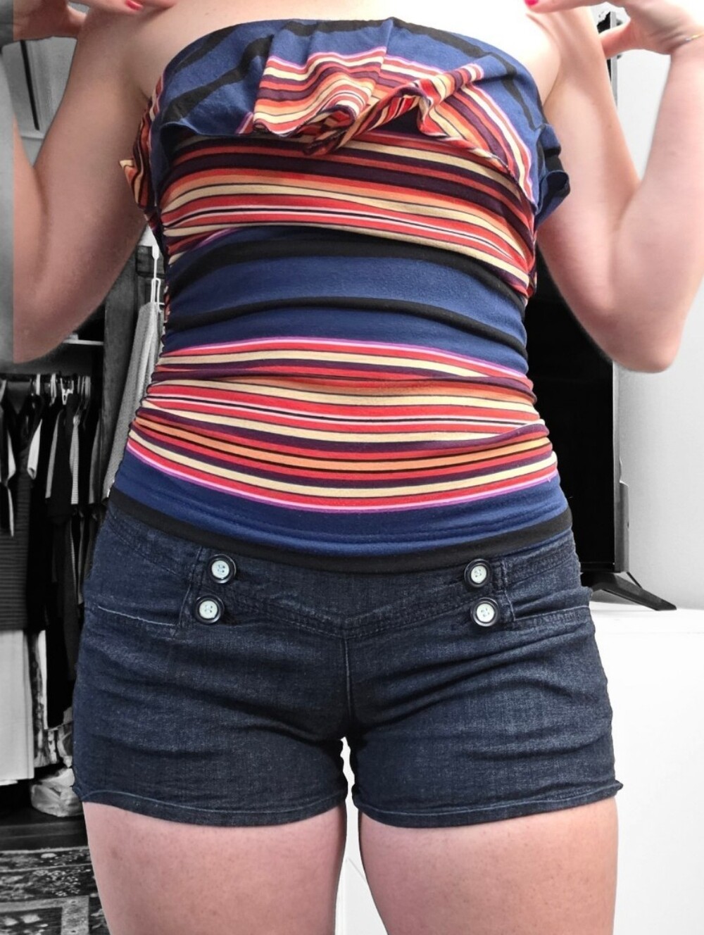 Y2k Vintage Striped Off-Shoulder Romper with Dark Denim Shorts - Picture 3 of 4